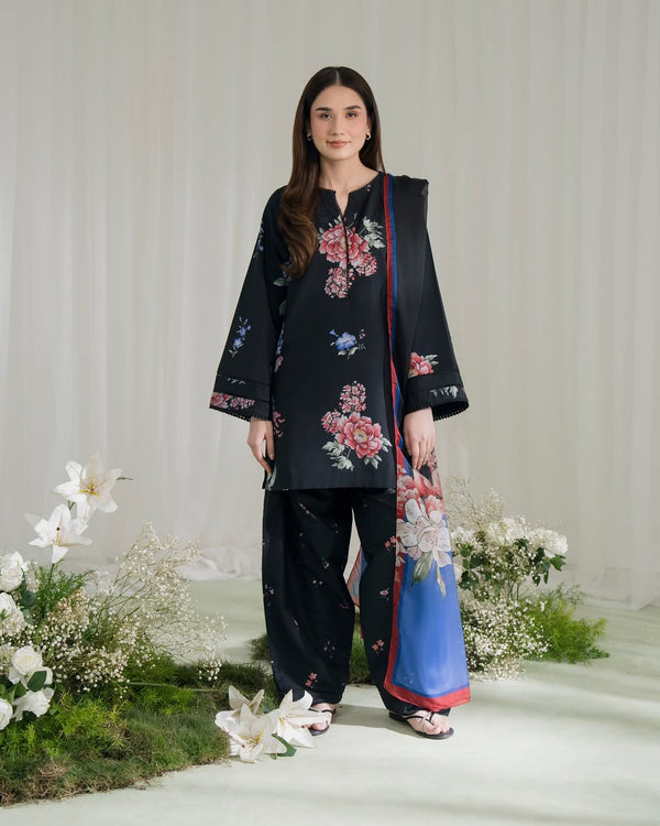 black Floral Digital Print 3pc Dress
